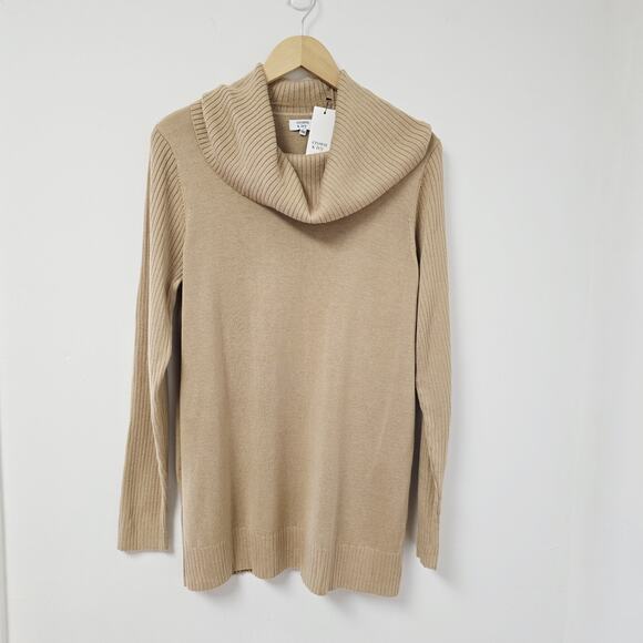Crown & Ivy Sweater Large Cowl Neck Beige Ribbed Sleeve Preppy Minimalist NWT - Picture 1 of 11